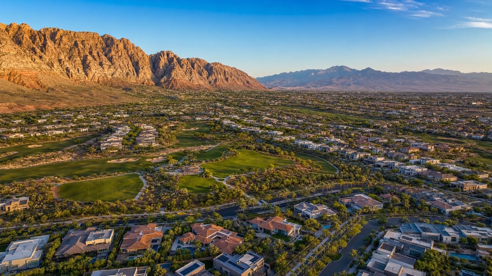 Spring Mountains foothills rising west of far-west Summerlin Stonebridge village at golden hour